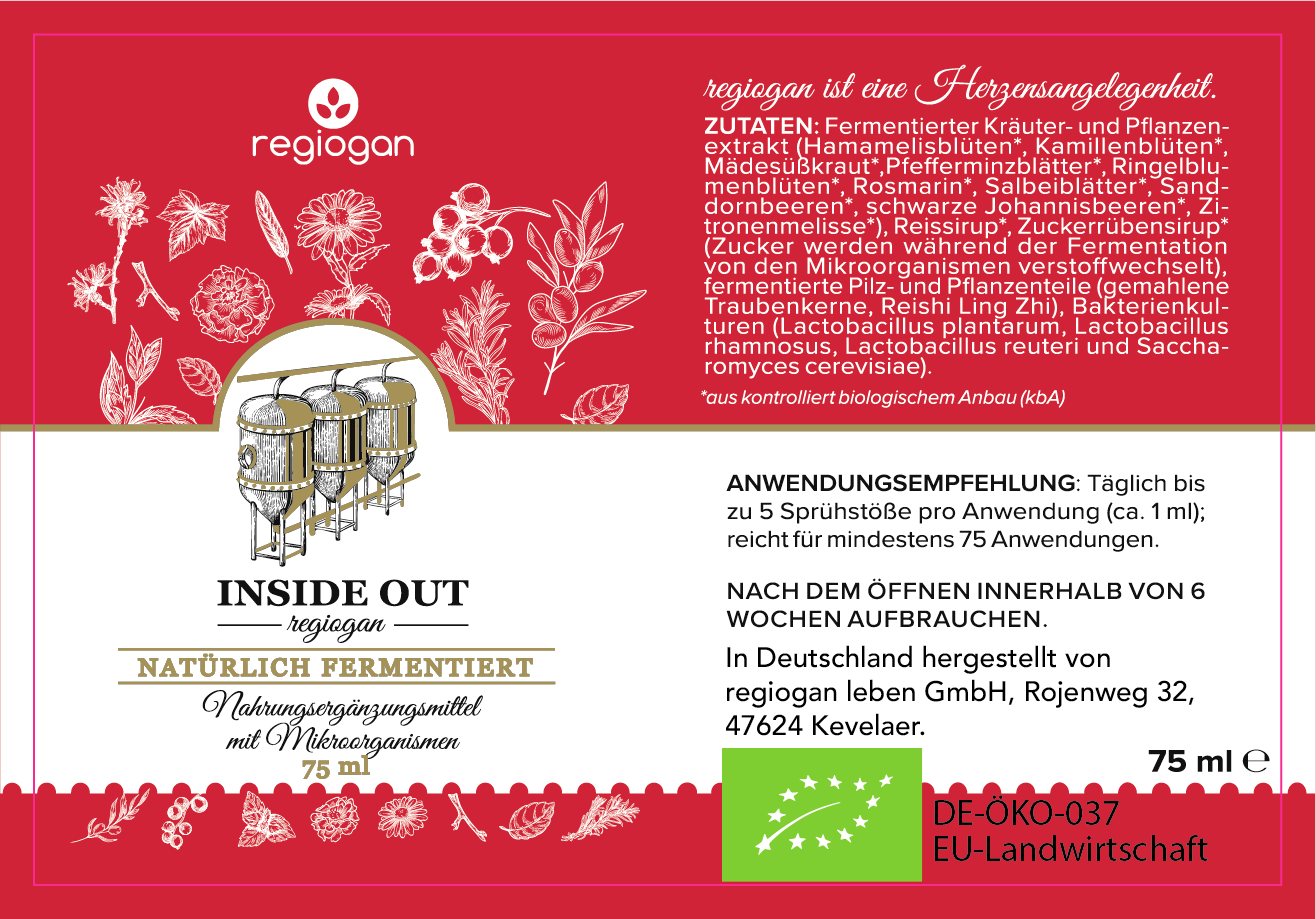 regiogan INSIDE OUT ferment végétal biologique - fermenté naturellement - flacon pulvérisateur en verre de 75 ml