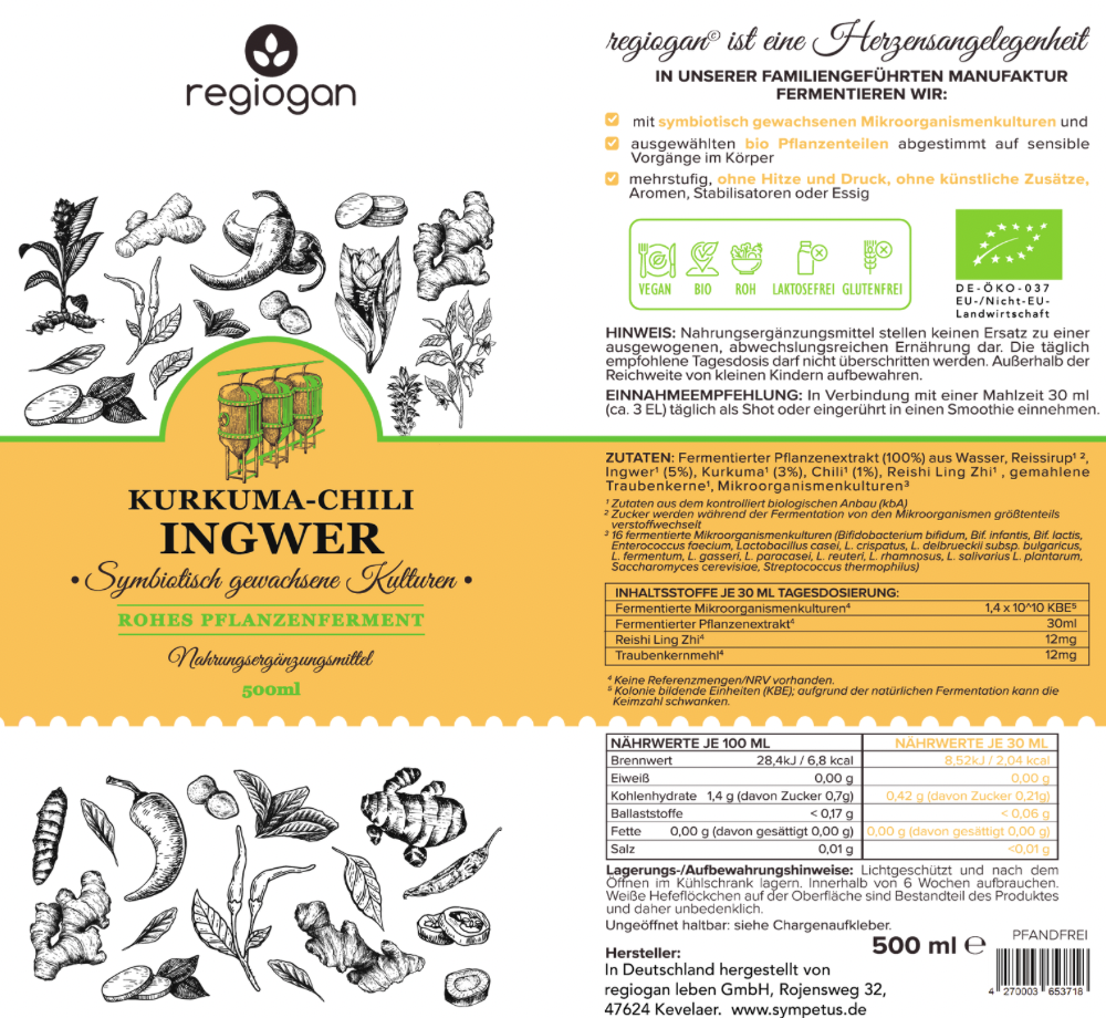 regiogan TURMERIC-CHILI-GINGER raw ferment ORGANIC 500 ml