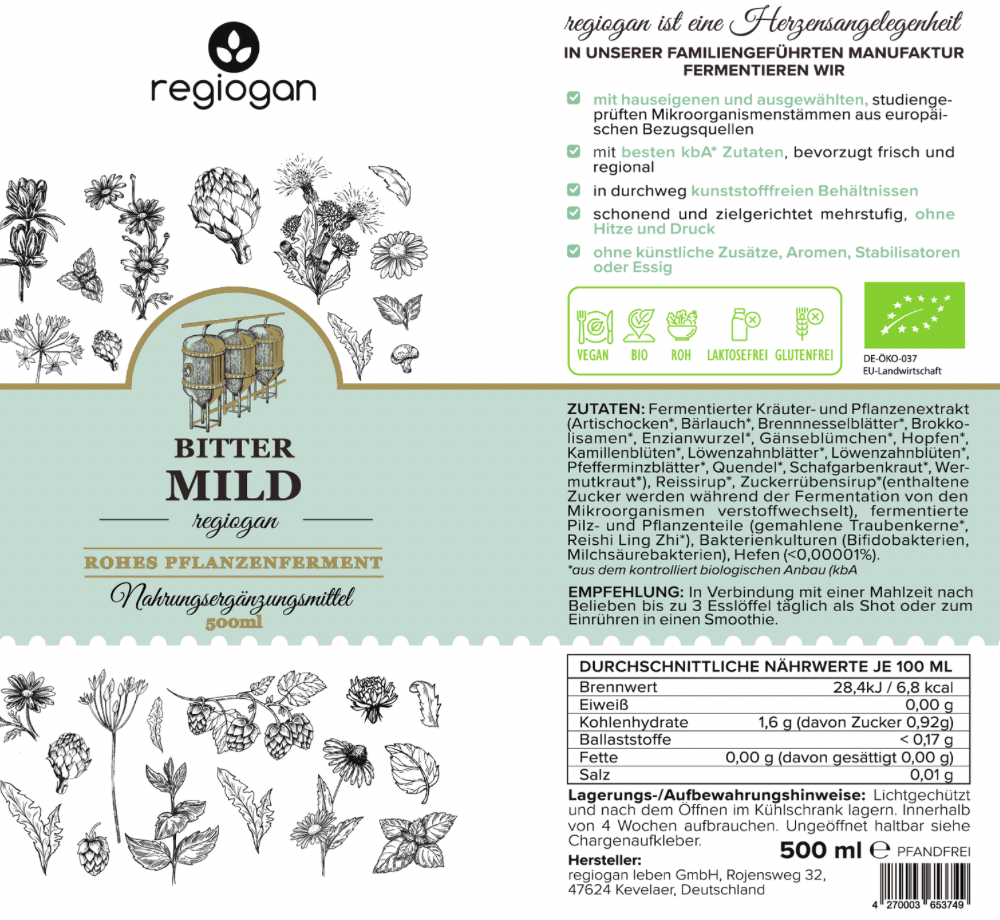 regiogan BITTER DOUX ferment végétal cru biologique - bouteille en verre de 500 ml