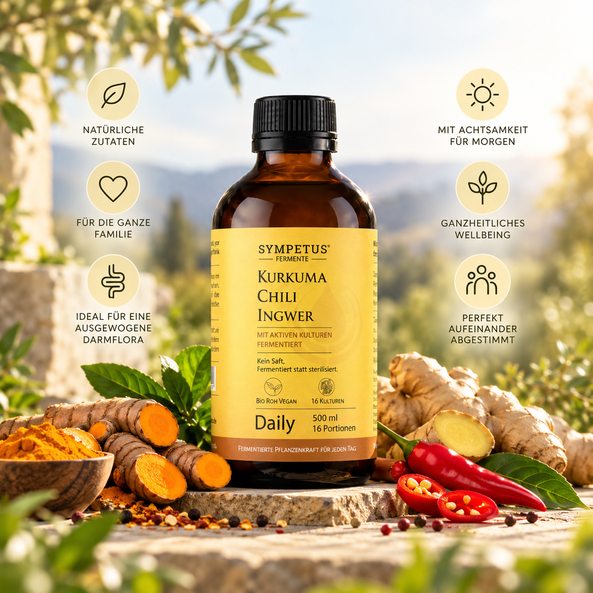regiogan CURMER-CHILI-GINGEMBRE ferment végétal cru biologique bouteille en verre de 500 ml