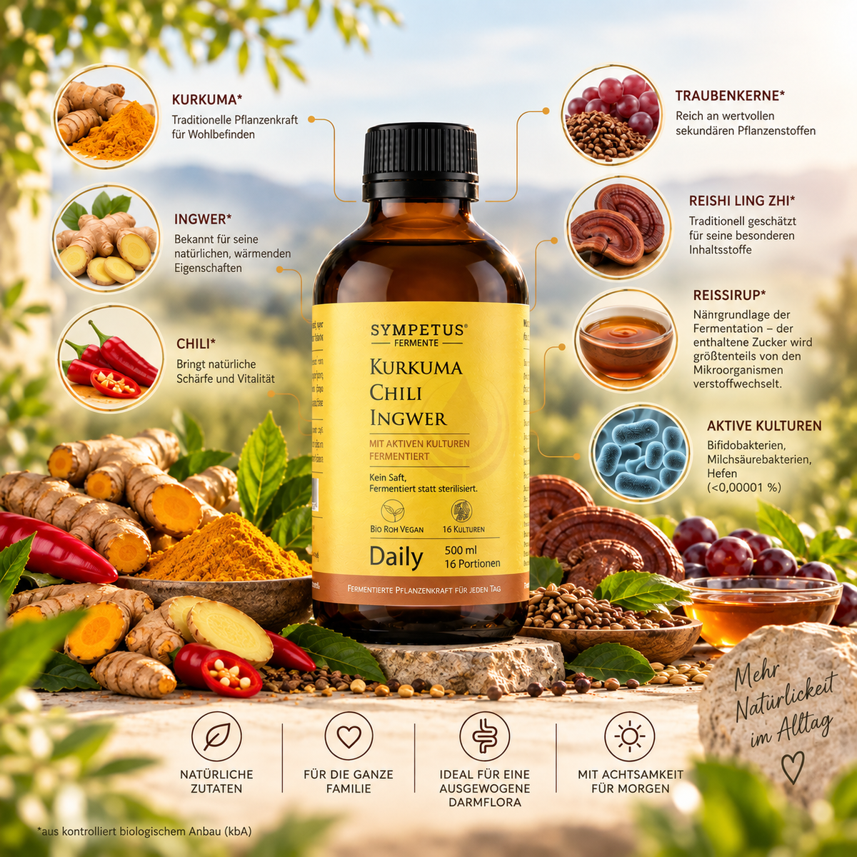 regiogan CURMER-CHILI-GINGEMBRE ferment végétal cru biologique bouteille en verre de 500 ml