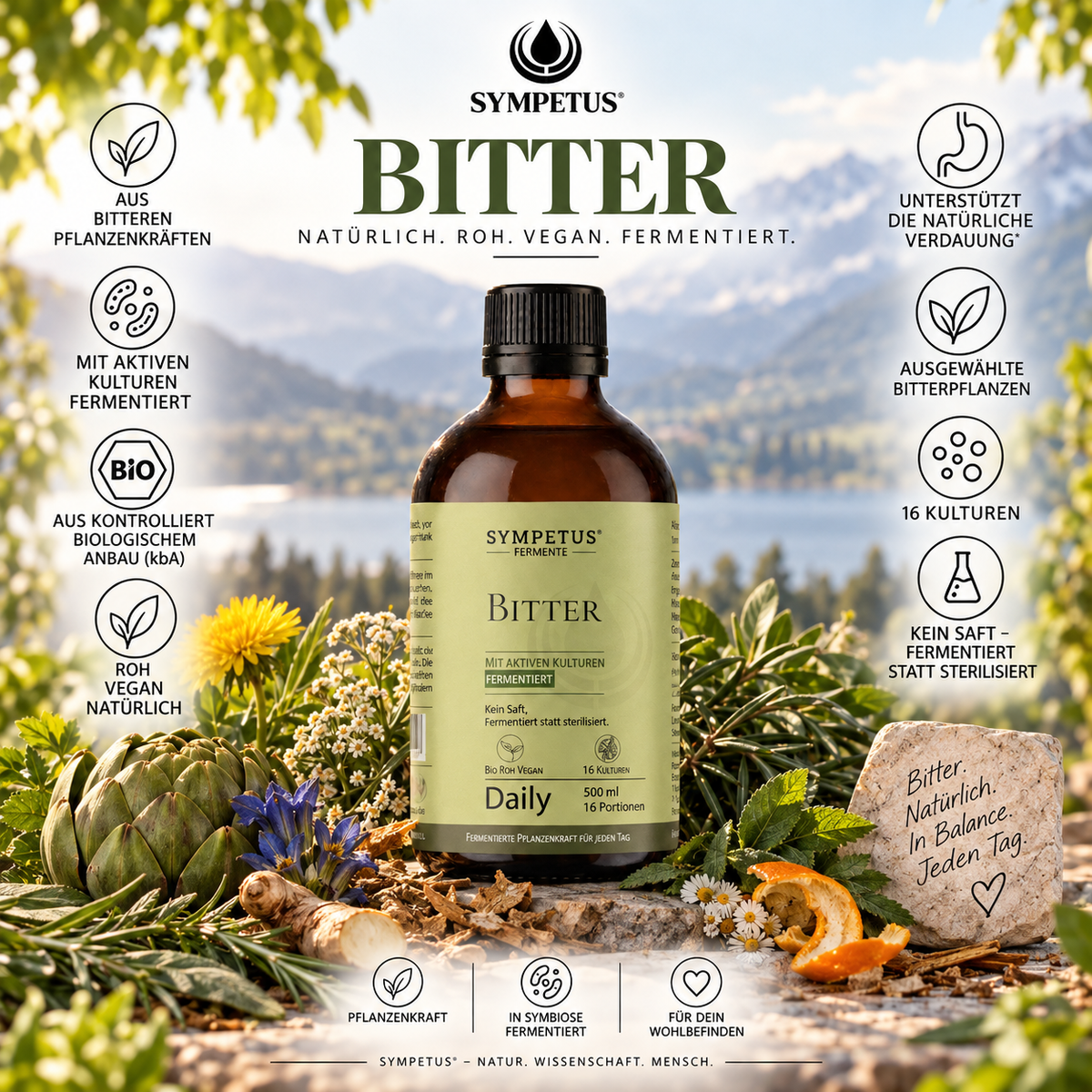 regiogan Ferment végétal cru amer biologique - bouteille en verre de 500 ml