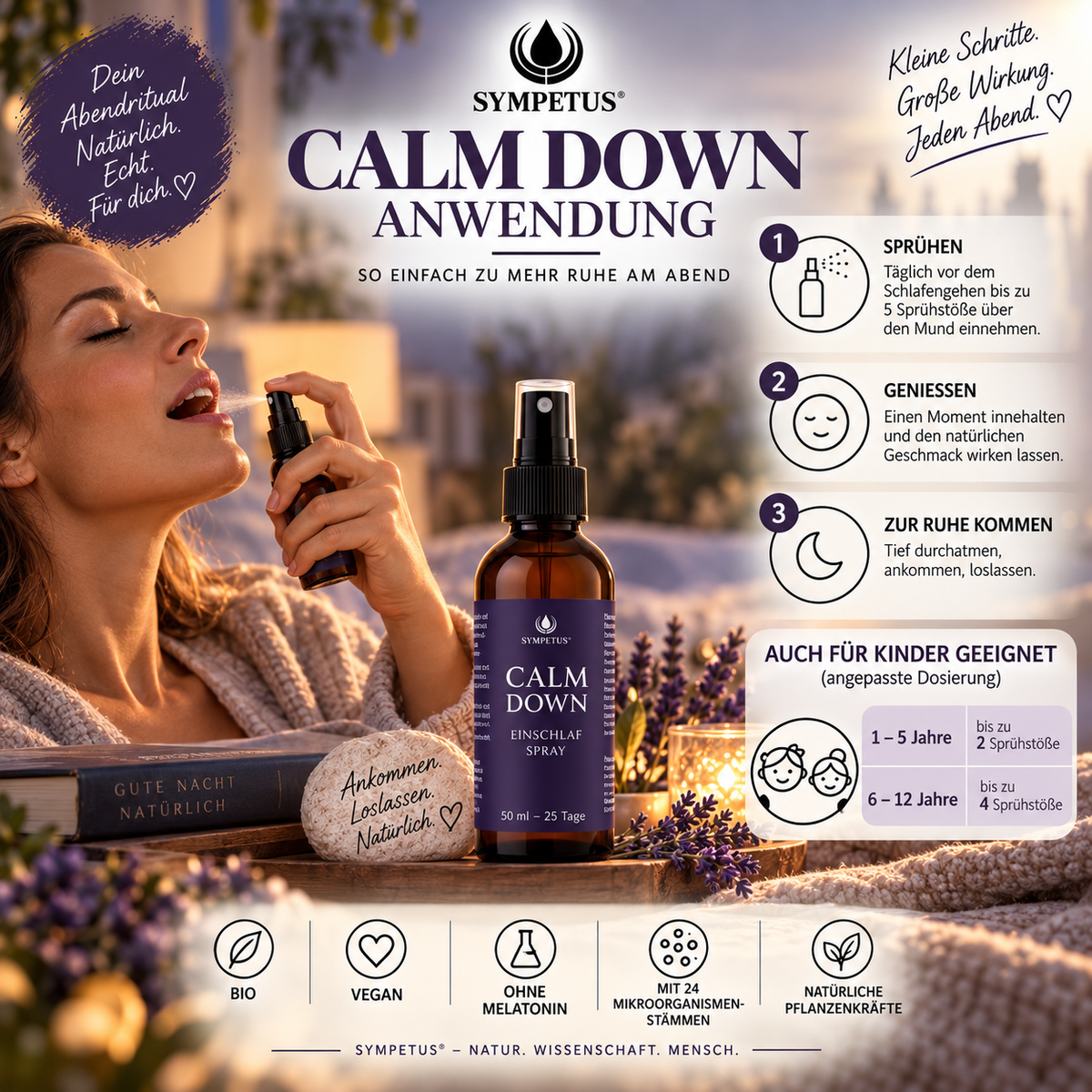 SYMPETUS CALM DOWN Einschlaf-Spray fermentierter Extrakt ohne Melatonin BIO (50 ml)